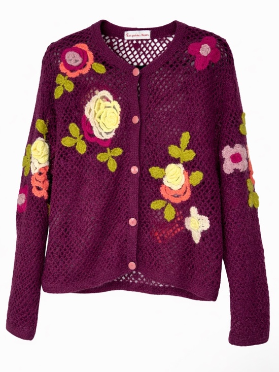 Vintage Sweaters - Vintage Crochet Floral Cardigan Purple Appliqué Boho Cottagecore Sz M